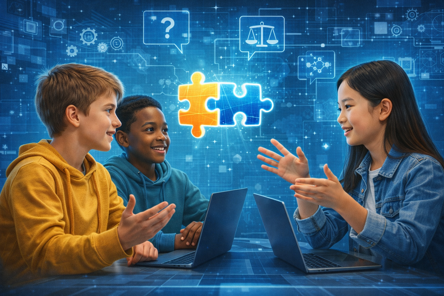 Children in group study discussion